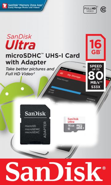 SanDisk microSDHC Flash Memory Card with Adapter (16GB Class 10)